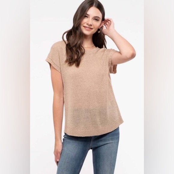 NWT Mine Women's Lace-Up Back Lightweight Knit Short Sleeve Top Sz Small, Taupe - Picture 7 of 9